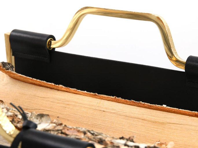 Дровница с кожаной вставкой Фурнитек FG-12027 полированная латунь + чеканка