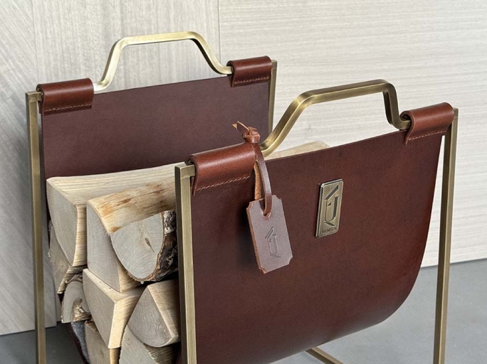 Дровница с кожаной вставкой FG-12047 античная латунь